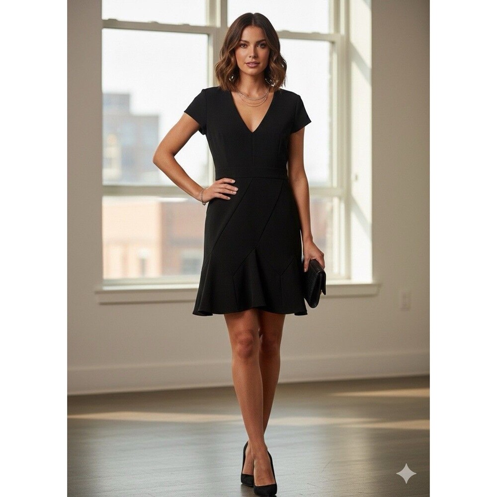 Bar III Black Fit & Flare Dress Size 6 | V-Neck Short Sleeve